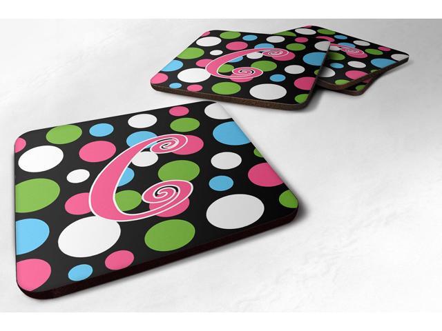 Set of 4 Monogram - Polkadots and Pink Foam Coasters Initial Letter C