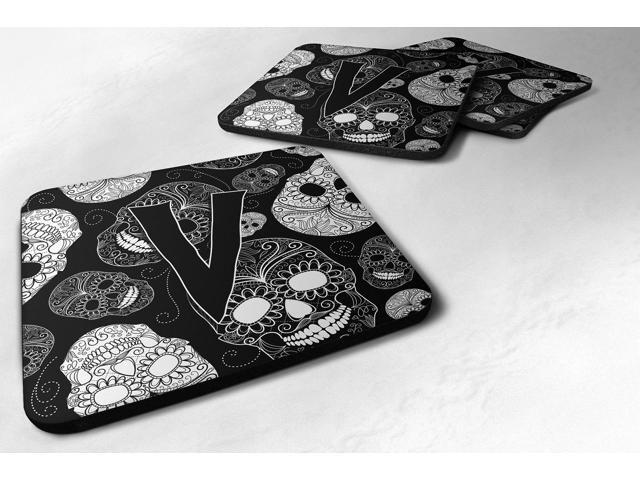 Set of 4 Letter V Day of the Dead Skulls Black Foam Coasters CJ2008-VFC