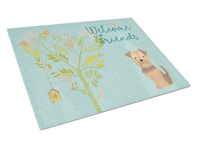 Welcome Friends Yorkie Natural Ears Glass Cutting Board Large BB7642LCB