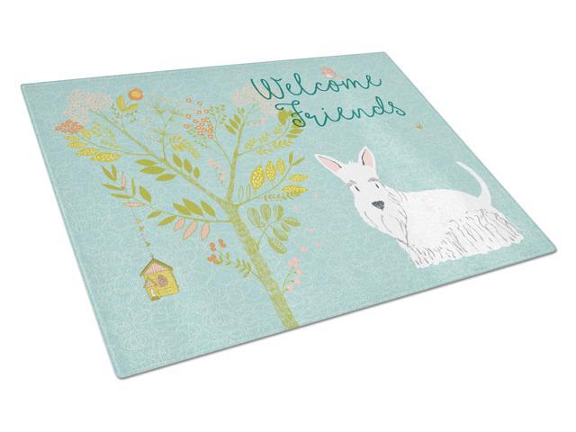 Welcome Friends White Scottish Terrier Glass Cutting Board Large BB7617LCB