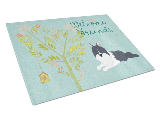 Welcome Friends Black White Collie Glass Cutting Board Large BB7583LCB