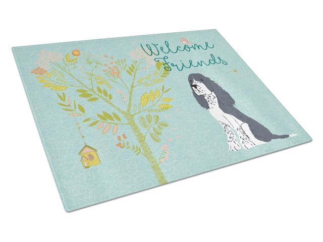 Welcome Friends Black Springer Spaniel Glass Cutting Board Large BB7621LCB