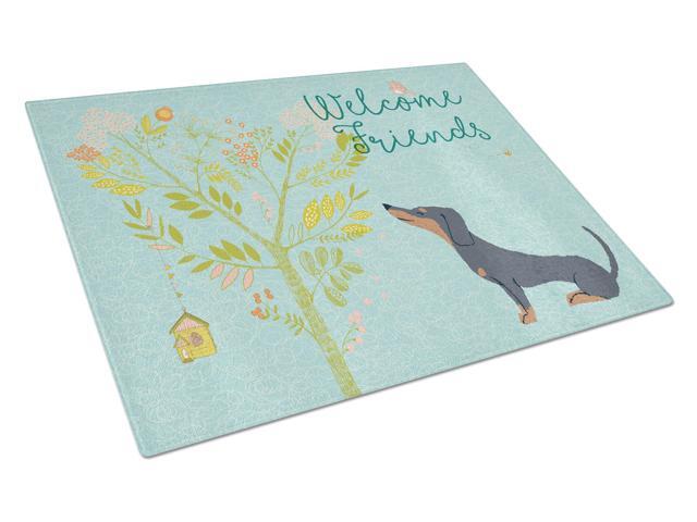 Welcome Friends Black Tan Dachshund Glass Cutting Board Large BB7630LCB