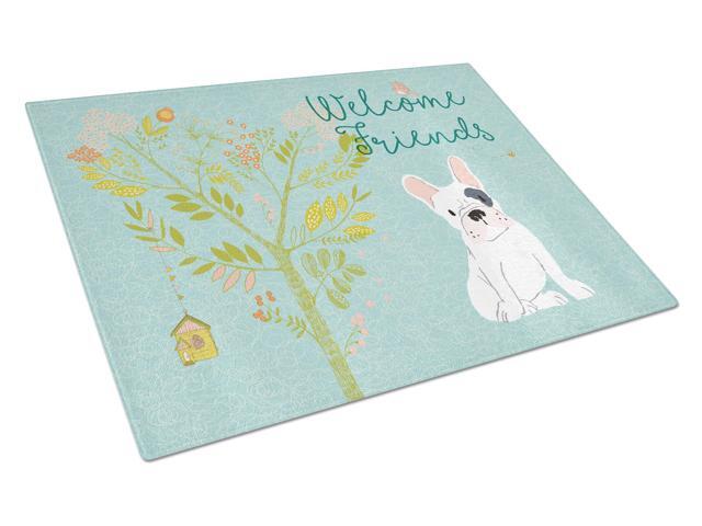 Welcome Friends Piebald French Bulldog Glass Cutting Board Large BB7634LCB