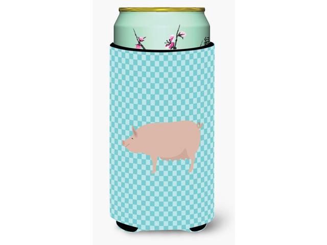 English Large White Pig Blue Check Tall Boy Beverage Insulator Hugger BB8112TBC