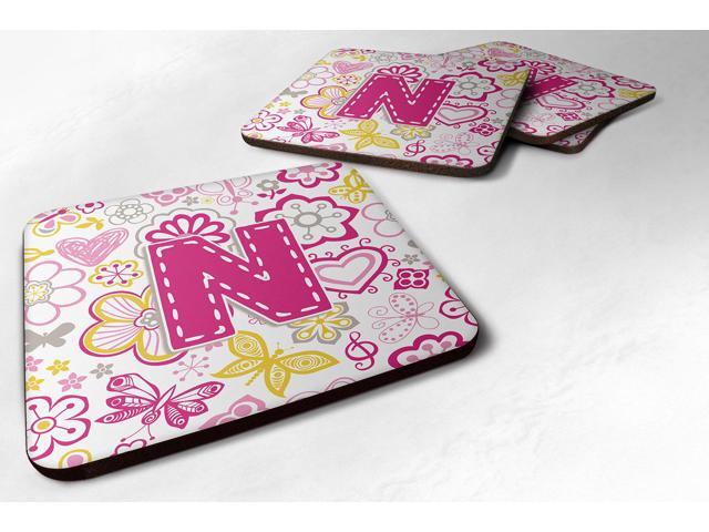 Set of 4 Letter N Flowers and Butterflies Pink Foam Coasters CJ2005-NFC