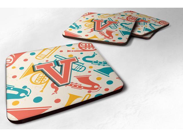 Set of 4 Letter V Retro Teal Orange Musical Instruments Initial Foam Coasters CJ2001-VFC