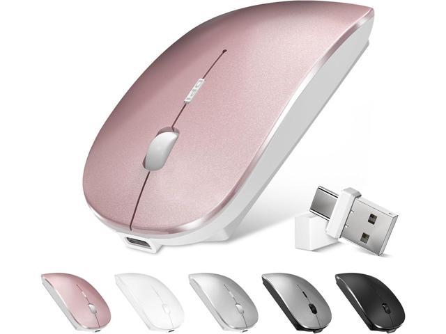 NeweggBusiness Bluetooth Wireless Mouse for MacBook Air Mac Pro Laptop PC Pad Optical Rechargeable Silent Mouse with Dual Mode Switch Mouse Bluetooth 5.2 3.0 and 2.4G USB A USB C Receiver Rose Gold