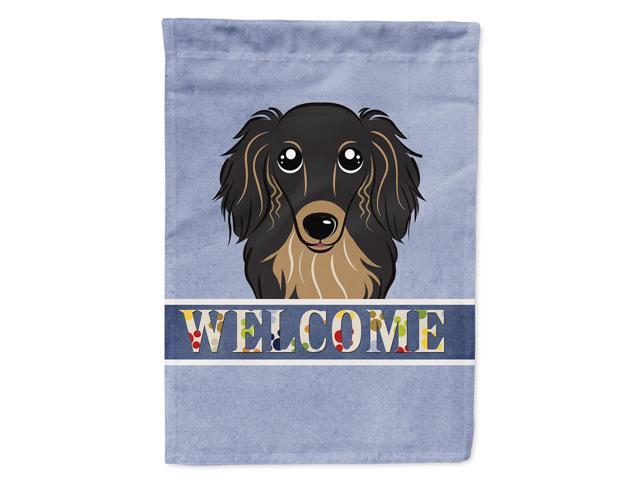Caroline's Treasures BB1399CHF Longhair Black and Tan Dachshund Welcome Flag Canvas Large Multicolor