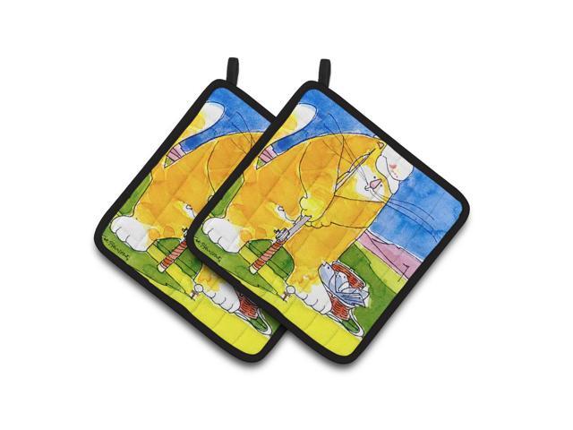 Caroline's Treasures Big Cat Golfing with A Fishing Pole Pair of Pot Holders 6105PTHD 75HX75W Multicolor