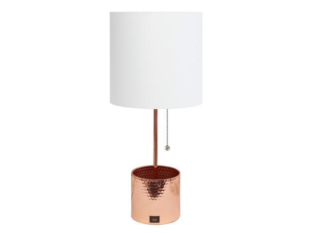 Simple Designs Hammered Metal Organizer Table Lamp with USB charging port and Fabric Shade Rose Gold