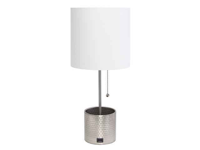 Simple Designs Hammered Metal Organizer Table Lamp with USB charging port and Fabric Shade Brushed Nickel