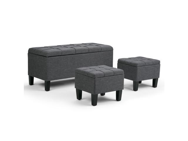 Dover 44 inch Wide Contemporary Rectangle 3 Pc Storage Ottoman in Slate Grey Linen Look Fabric