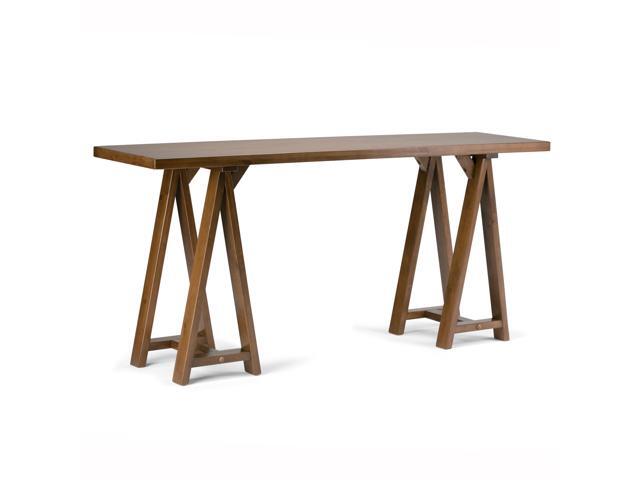 Sawhorse Solid Wood 66 inch Wide Modern Industrial Wide Console Sofa Table in Medium Saddle Brown