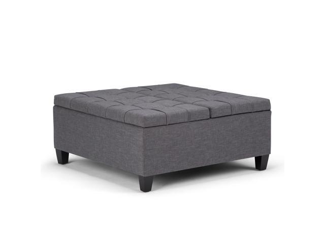 Harrison 36 inch Wide Traditional Square Coffee Table Storage Ottoman in Slate Grey Linen Look Fabric