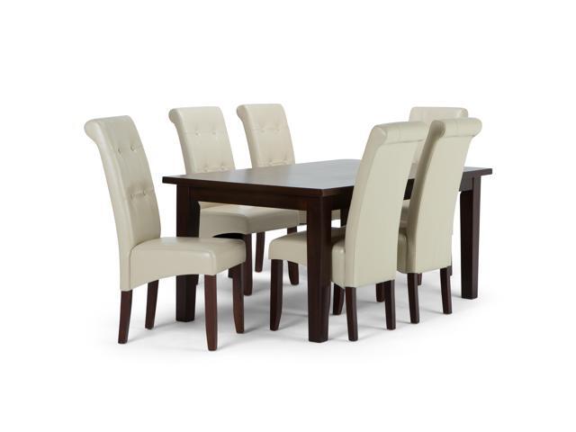 Cosmopolitan Contemporary 7 Pc Dining Set with 6 Upholstered Dining Chairs in Satin Cream Faux Leather and 66 inch Wide Table