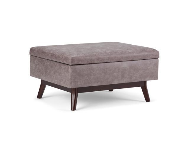 Owen 34 inch Wide Mid Century Modern Rectangle Coffee Table Storage Ottoman in Distressed Grey Taupe Faux Air Leather