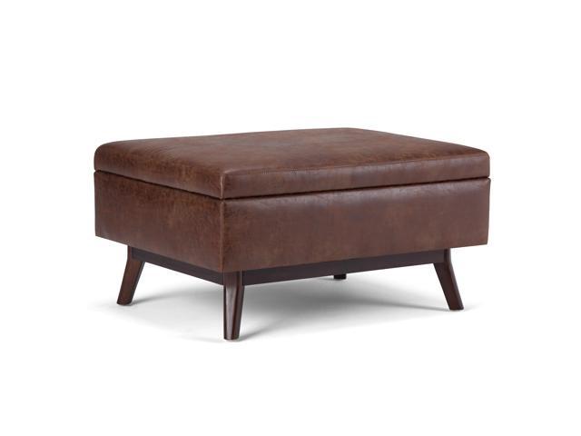 Owen 34 inch Wide Mid Century Modern Rectangle Coffee Table Storage Ottoman in Distressed Saddle Brown Faux Air Leather