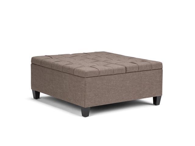 Harrison 36 inch Wide Traditional Square Coffee Table Storage Ottoman in Fawn Brown Linen Look Fabric