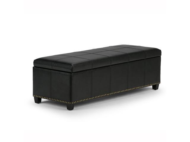 Kingsley 48 inch Wide Transitional Rectangle Large Storage Ottoman in Midnight Black Faux Leather