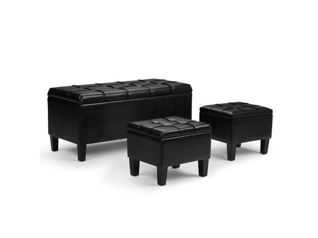 Dover 44 inch Wide Contemporary Rectangle 3 Pc Storage Ottoman in Midnight Black Faux Leather