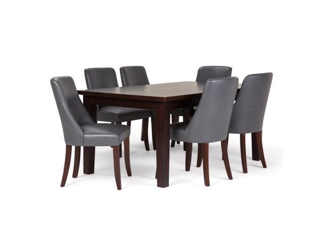 Walden Contemporary 7 Pc Dining Set with 6 Upholstered Dining Chairs in Stone Grey Faux Leather and 66 inch Wide Table