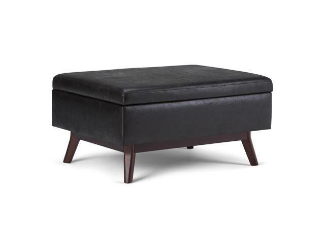 Owen 34 inch Wide Mid Century Modern Rectangle Coffee Table Storage Ottoman in Distressed Black Faux Air Leather