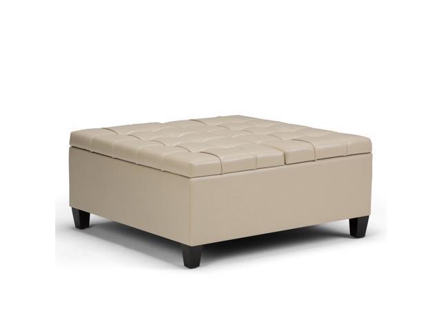 Harrison 36 inch Wide Traditional Square Coffee Table Storage Ottoman in Satin Cream Faux Leather