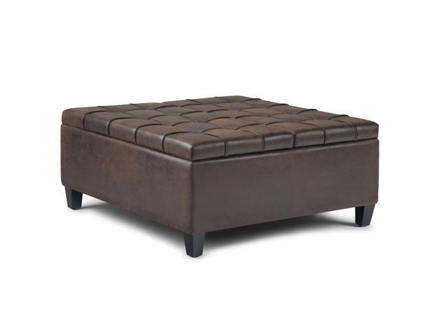 Harrison 36 inch Wide Traditional Square Coffee Table Storage Ottoman in Distressed Brown Faux Air Leather