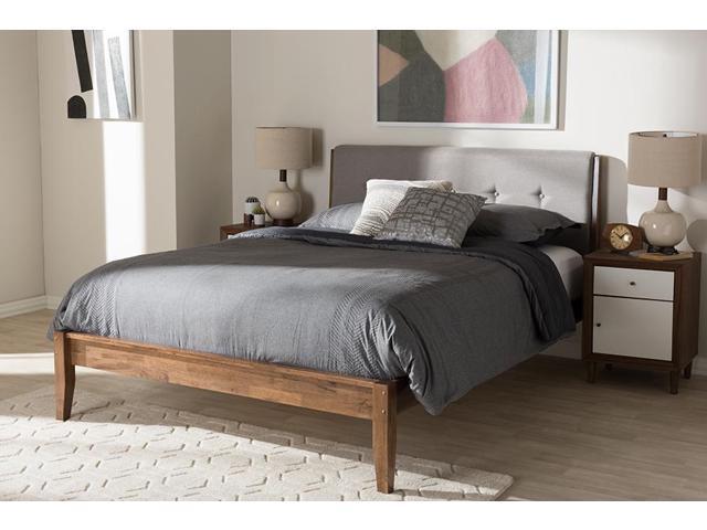 Baxton Studio Leyton Mid-Century Light Grey Fabric and Medium Brown Finish Wood King Size Platform Bed
