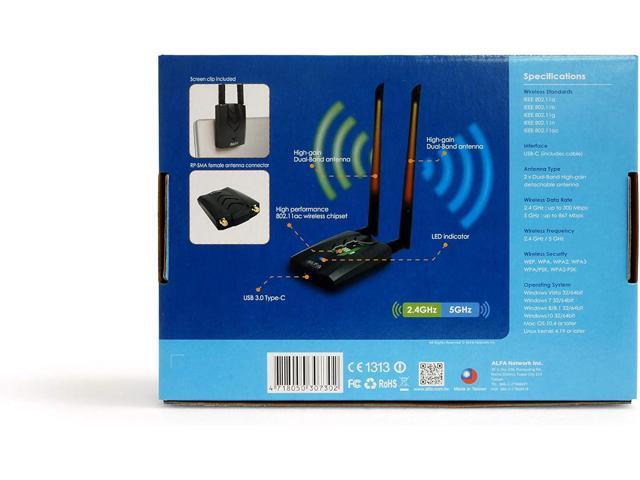 ALFA Awus036ach Wi Fi ALFA Network AWUS036ACM Long-Range Dual-Band AC1200 Wireless USB 3.0 Wi-Fi Adapter W/2x 5dBi External Antennas: 2.4GHz 300Mbps/5GHz 867Mbps-802.11ac Usb-c Wifi Antenna Android