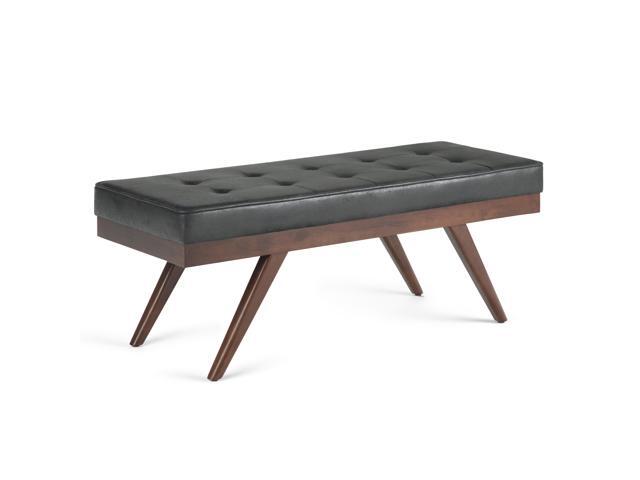 Pierce 48 inch Wide Mid Century Modern Rectangle Ottoman Bench in Distressed Black Faux Air Leather