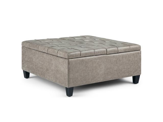 Harrison 36 inch Wide Traditional Square Coffee Table Storage Ottoman in Distressed Grey Taupe Faux Air Leather