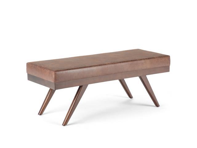 Chanelle 48 inch Wide Mid Century Modern Rectangle Ottoman Bench in Distressed Umber Brown Faux Leather