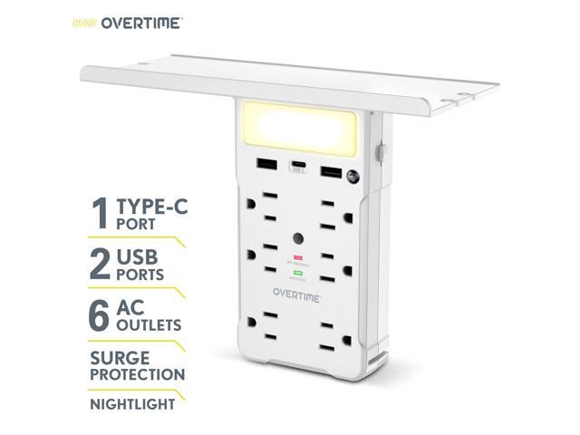 Overtime USB Socket Shelf Night Light - Shelf & Multi Plug Outlet Extender with Surge Protector - 9 Port Outlet Shelf with USB Type-C USB Type-A