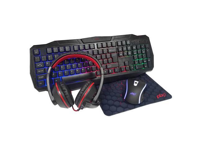 PBX 4-in-1 Pro Gaming Combo Kit - Wired Backlit Tactile Keyboard and Gaming Mouse with Mousepad and Gaming Headset - Computer Gamers Hardware