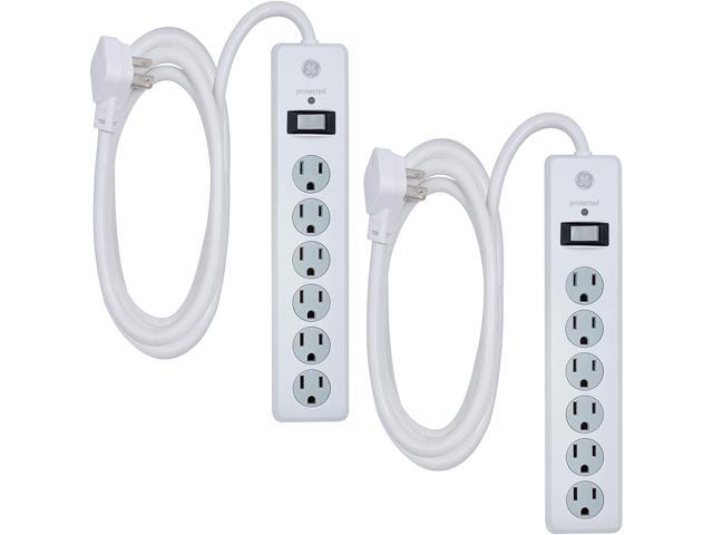 GE 6 Outlet Surge Protector 10 Ft Extension Cord Power Strip 800 Joules Flat Plug Twist-to-Close Safety Covers White 14092