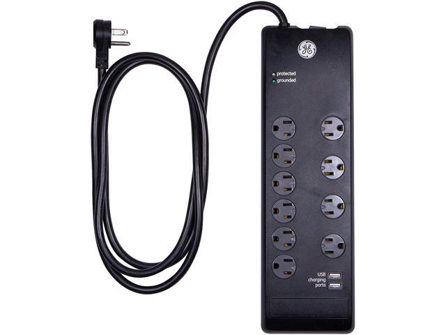 GE UltraPro Surge Protector 10 Outlet Power Strip 2 USB Charging Ports Extra Long 6Ft Extension Cord 3 Prong Grounded Flat Plug 3000 Joules