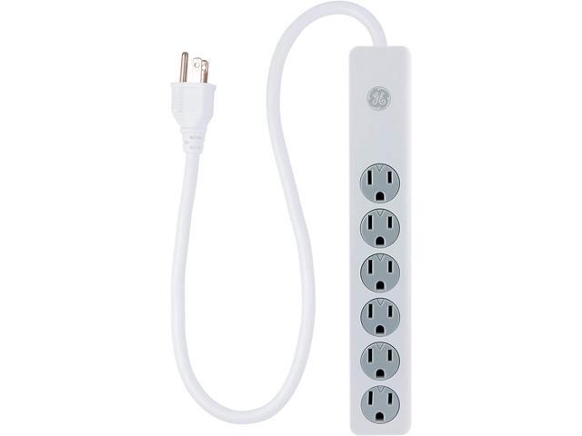 GE 6 Outlet Surge Protector 10 Ft Extension Cord Power Strip 800 Joules Flat Plug Twist-to-Close Safety Covers White 14092