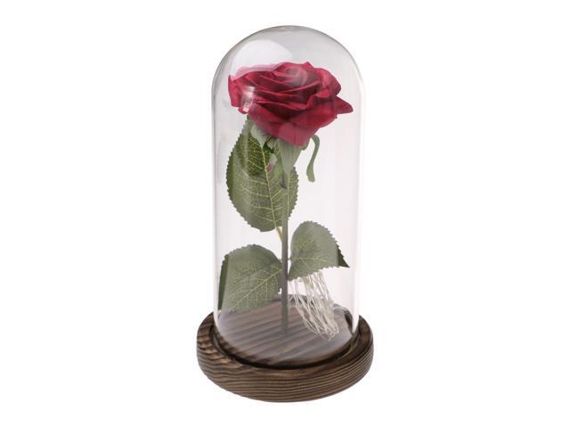Red Silk Rose and Led Light in a Glass Dome on A Wooden Base for Wedding Birthday Party Club Decoration (Single Rose)