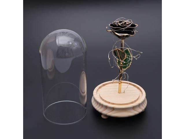 Black Rose and Led Light in a Glass Dome on A Wooden Base for Wedding Birthday Party Club Decoration (Raw Wooden Base One Black Rose)