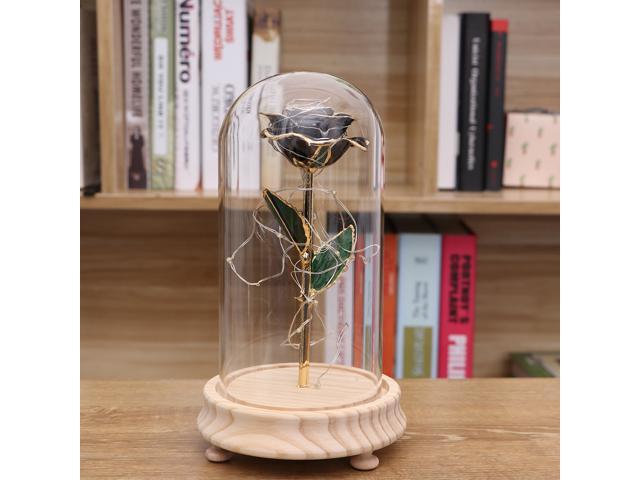Black Rose and Led Light in a Glass Dome on A Wooden Base for Wedding Birthday Party Club Decoration (Raw Wooden Base One Black Rose)