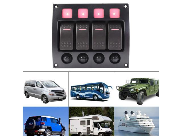12V/24V IP66 Waterproof 4 Gang LED Indicator Curved Switch Panel with Circuit Breakers for Car RV Yacht Truck Bus - Red Light (Black)