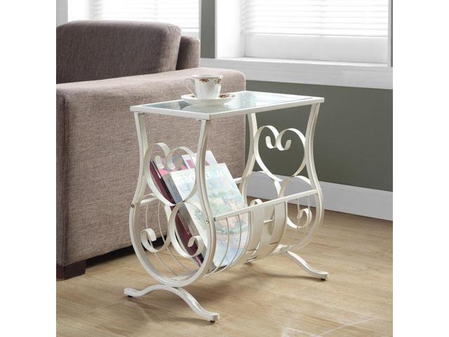 Monarch Specialties Antique White Metal Magazine Table With Tempered Glass I 3312