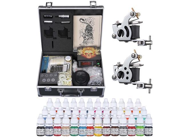 Complete Tattoo Kit 2 Machine Guns 10 Wrap 40 Inks LCD Power Supply Equipment Set with Carrying Case