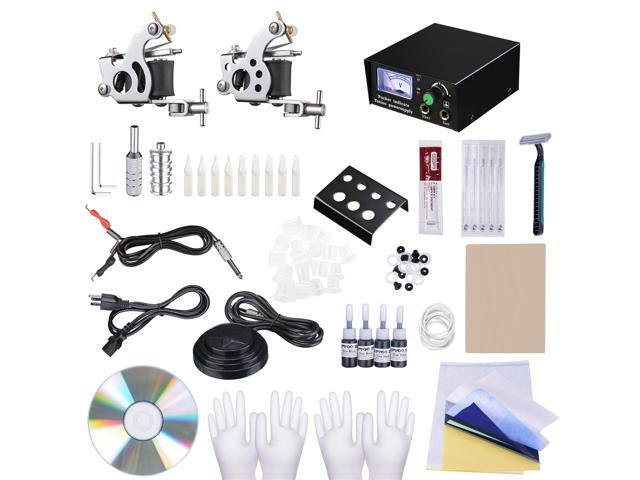 Complete Tattoo Kit 2 Machine Gun Power Supply 4 Black Ink Needles Grips Tips Basic Set Equipment