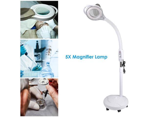 5x Diopter LED Magnifying Rolling Floor Stand Lamp Adjustable Gooseneck Glass Lens Facial Magnifier