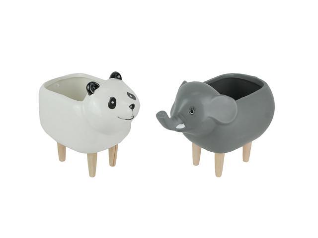 Set of 2 Elephant and Panda Dolomite Ceramic Planters With Wooden Legs