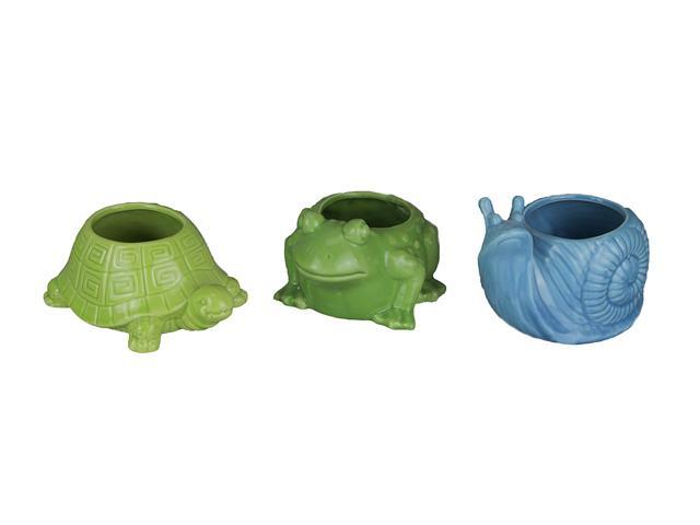 Set of 3 Garden Critters Turtle Frog and Snail Dolomite Ceramic Mini Planters