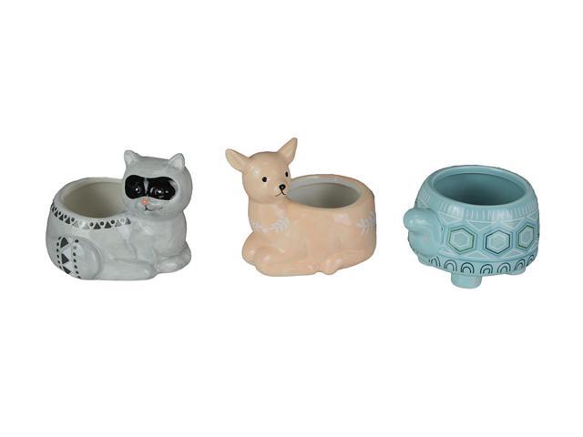 Set of 3 Forest Critters Raccoon Deer and Tortoise Dolomite Ceramic Mini Planters